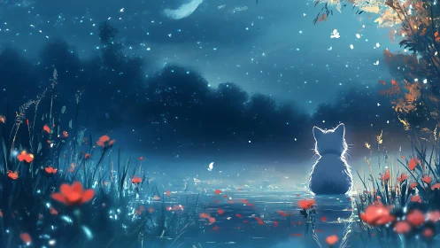 Silhouetted Cat Gazing at Nocturnal Blossom Field.