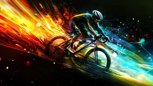 Cyclist carves neon fire through the night with liquid speed