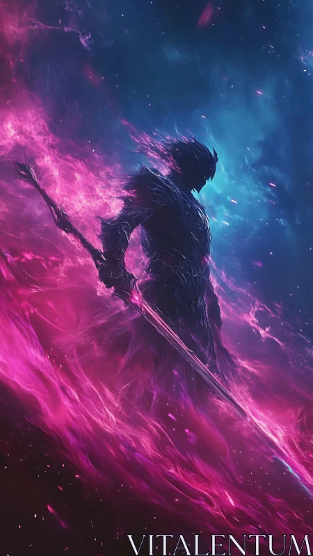 Cosmic warrior silhouette amid violet and cyan energy fields.