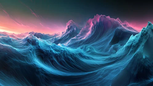Digital seascape renders layered neon waves under gradient sky