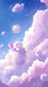 Winged Creatures in Cloud Landscape with Celestial Elements