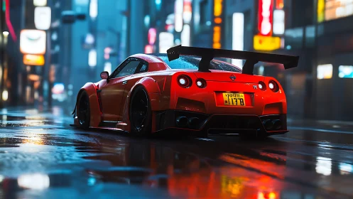 Widebody red sports coupe on wet neon city street at night