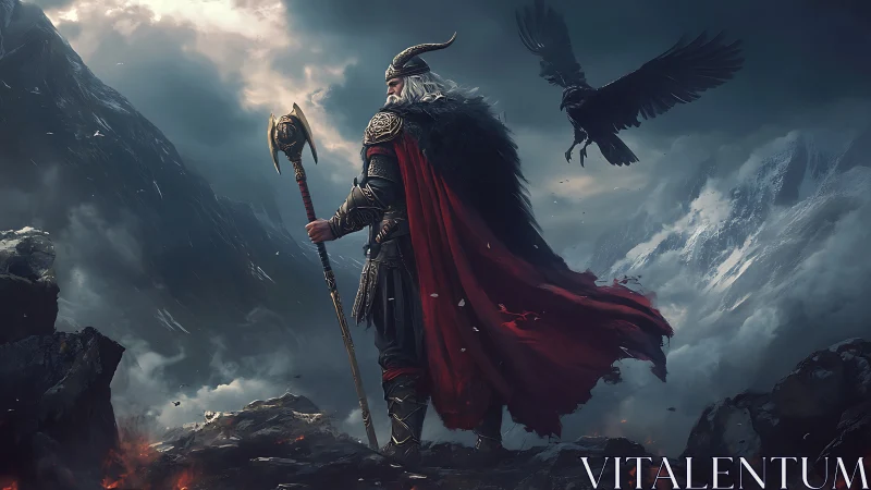 Armored Norse warlord surveys storm-clad mountains in profile