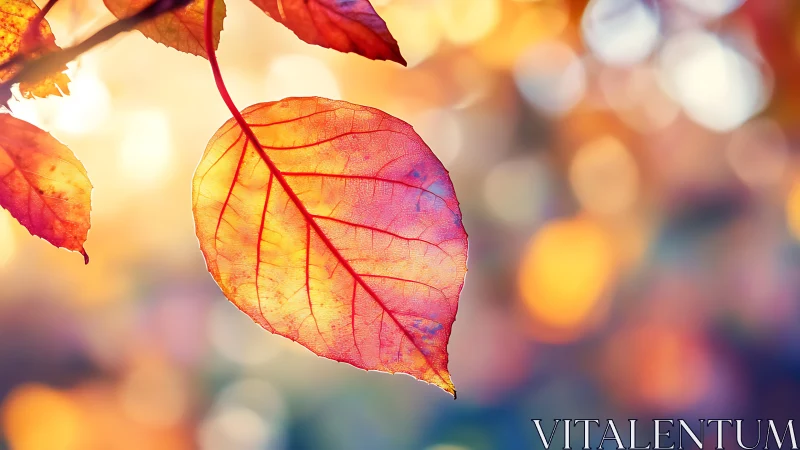 Backlit autumn leaf glows against soft bokeh background