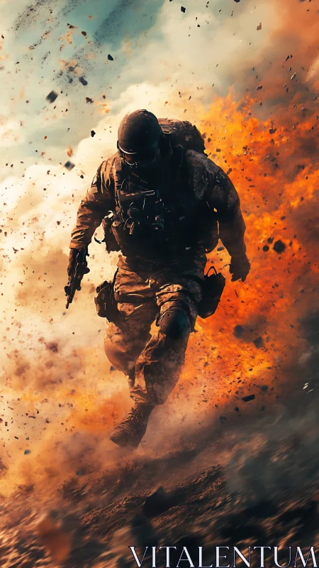 Soldier running through fiery battlefield explosion scene.