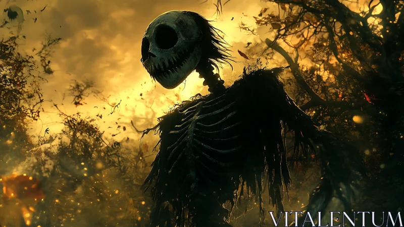 Skeletal scarecrow silhouette against burning twilight sky.