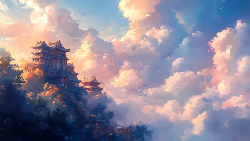 Mountain temple complex rises into glowing sunset clouds
