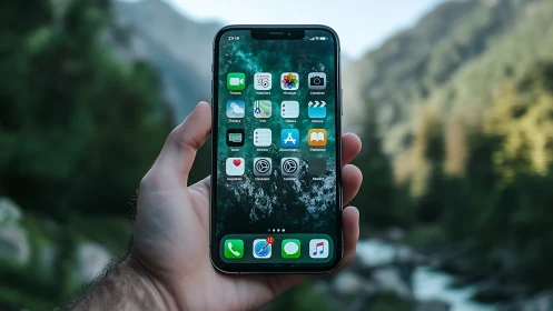 Hand holding modern smartphone displaying iOS app interface against mountain landscape background