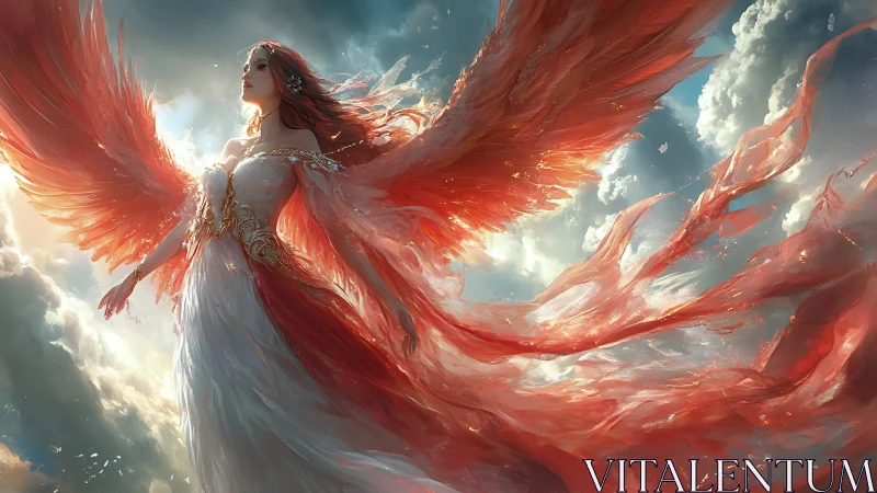 Celestial fire-winged seraph in luminous storm clouds above