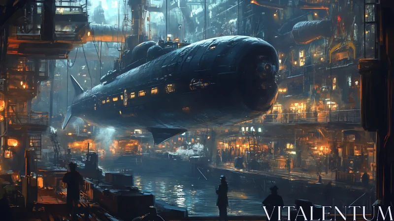 Massive cyber-industrial submarine suspended in luminous dockyard