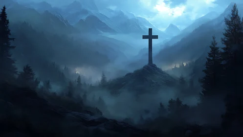 Solitary hilltop cross within layered misty mountain valley.