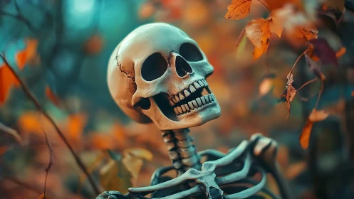Smiling skeleton among autumn leaves in soft focus forest.