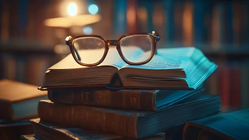 Reading glasses rest on open book in softly lit library.