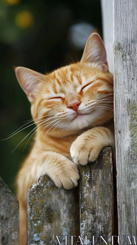 Ginger Tabby Cat Resting Against Weathered Wood Frame Surface
