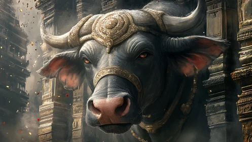 Ornate armored water buffalo emerging from carved stone temple