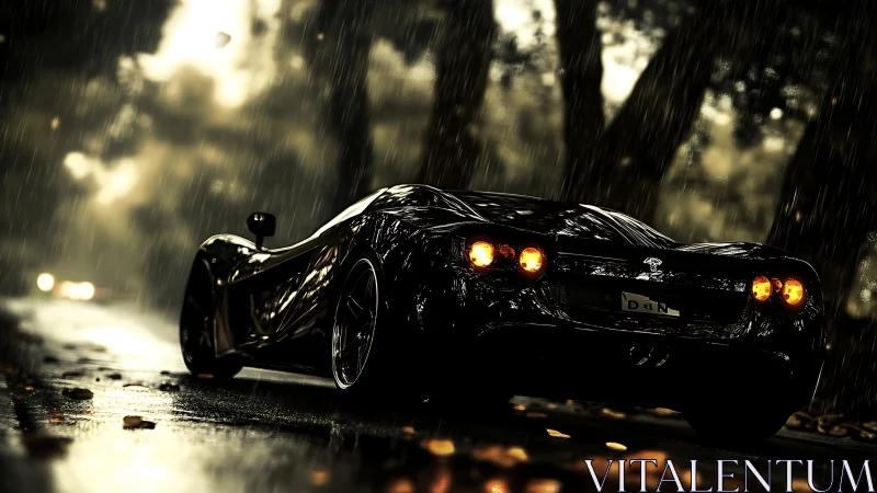 Low-angle rear view sports car on wet forest road at dusk