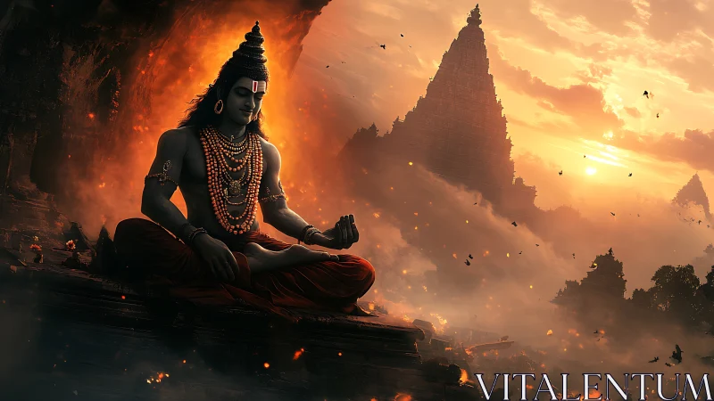 Divine yogi meditates before blazing temple sunrise