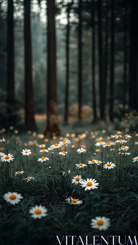 Daisies in Soft Focus Forest Clearing.