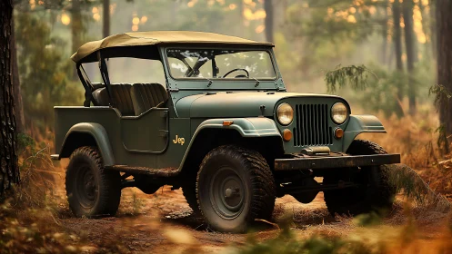 Vintage off-road jeep rendered in warm forest dusk lighting