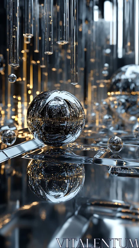 Reflective chrome spheres float among vertical glass rods