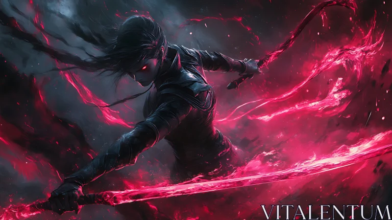 Neon-edged cyber warrior unleashes twin energy blades in combat