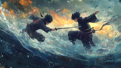 Storm-lit duel between determined warriors on the sea.
