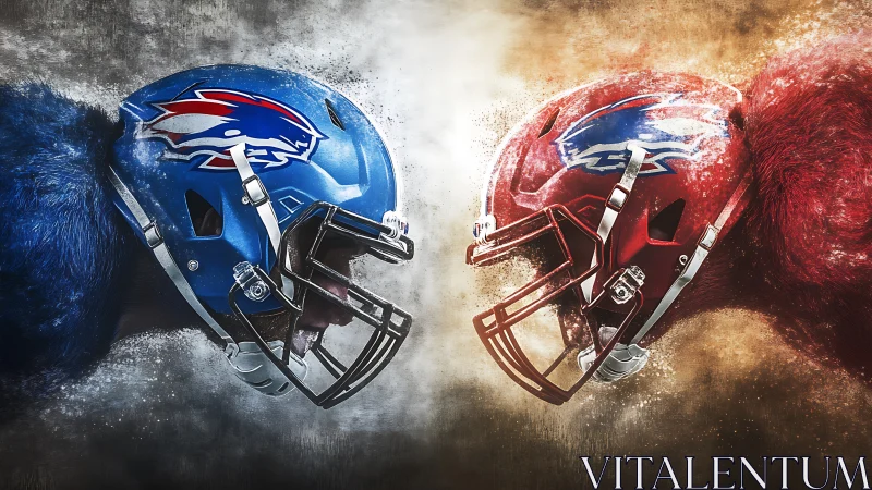 Clash of Colorful Gridiron Beasts in Midair Roar Standoff.