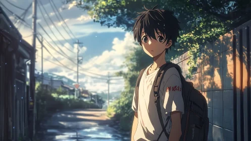 Anime boy on sunlit suburban street in cinematic backlight