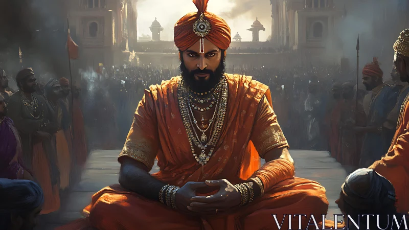 Regal Maharaja in orange robes seated amid a golden court.