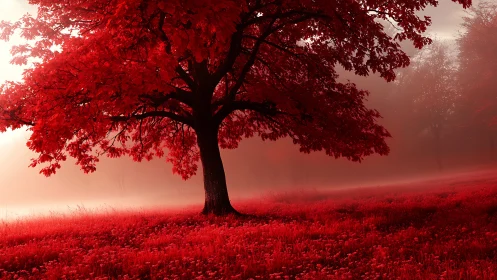 Solitary broadleaf tree in monochrome red foggy meadow.