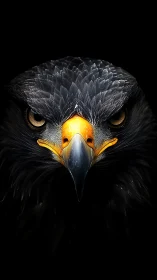 Golden-beaked eagle portrait fills frame over black void