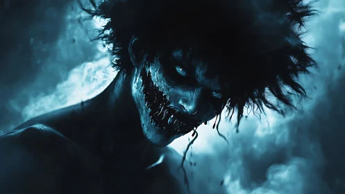 Monochrome blue demonic figure with distorted mouth in smoke.