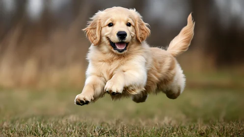Golden retriever puppy mid-leap across soft meadow grass.