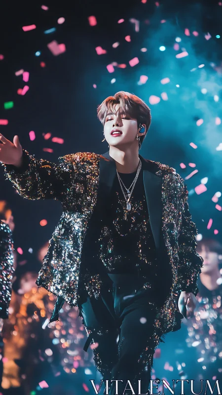 Stage performer in sequined jacket under dynamic concert lighting