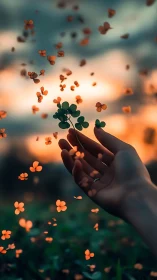 Hand holding clover under floating petals at sunset sky.