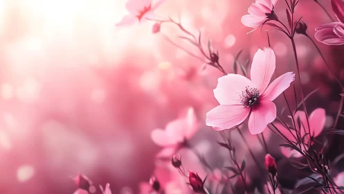 Pink cosmos flowers bloom in soft-focus garden setting