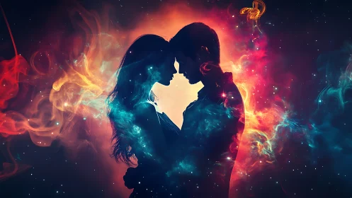 Two silhouetted figures form heart shape with luminous energy backdrop