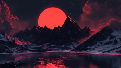 Red celestial body illuminates snow-covered mountain range