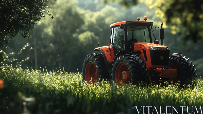 Sunlit orange tractor resting quietly in a lush green field.