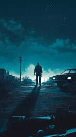 Solitary figure stands on wet road under star-filled night sky