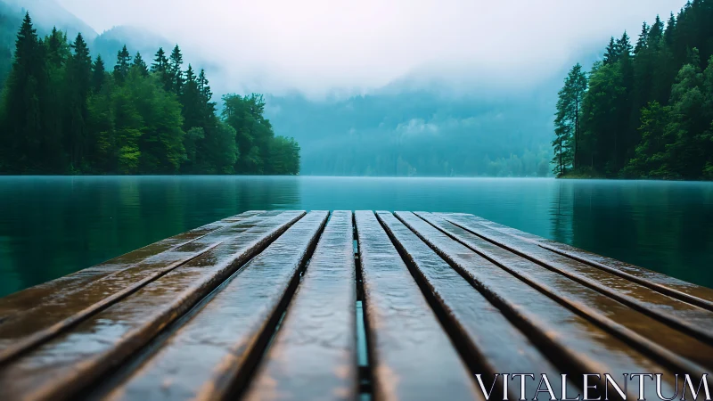 Rain-washed wooden pier reaching into mist-drenched emerald lake.