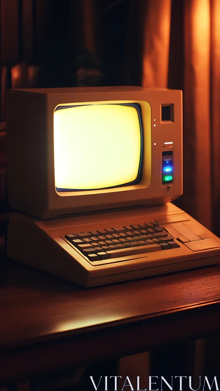 Retro desktop terminal under warm cinematic side lighting.