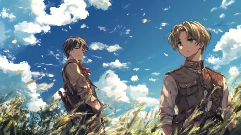 Two young soldiers stand in a windy summer field under sky.