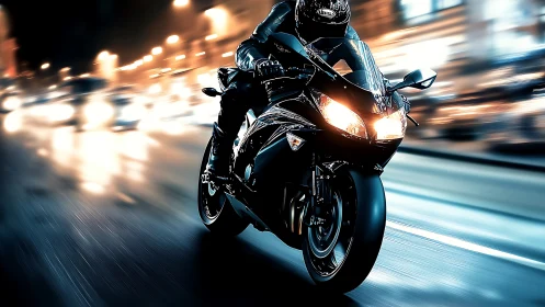 Midnight superbike rockets through neon-soaked city rush.