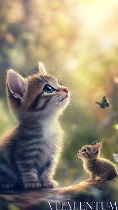Whisker-Framed Wonders: Kitten and Mother Chase Butterflies in Golden Dreams
