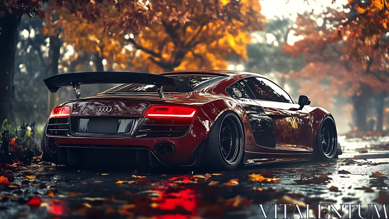 Low stance red supercar waits on wet autumn forest road
