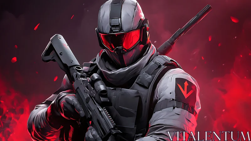 Armored sci fi soldier grips rifle in red smoke