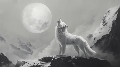Lone moonlit snow wolf singing over silver mountain hush.