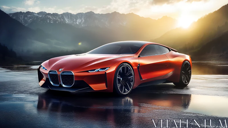 Crimson concept coupe glides over glassy alpine sunrise