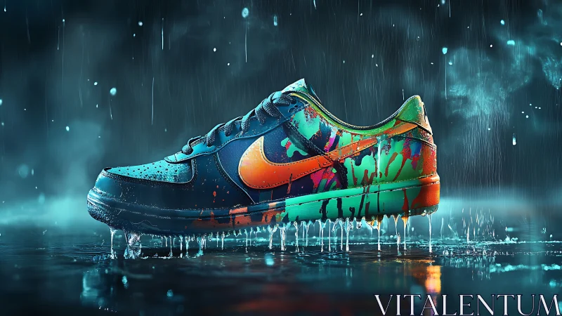 Rain-soaked neon sneaker splashed in rebellious street color.